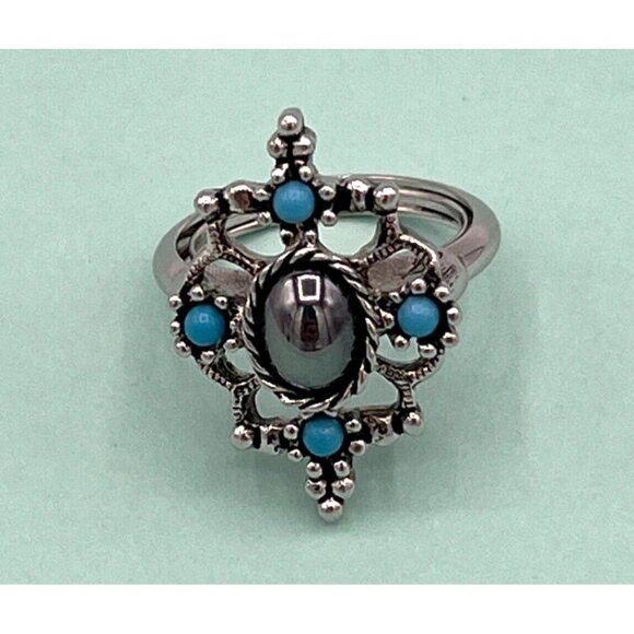 Vintage Avon Silver Tone Hematite Ring with Faux Turquoise Size 7.5 - Picture 5 of 10